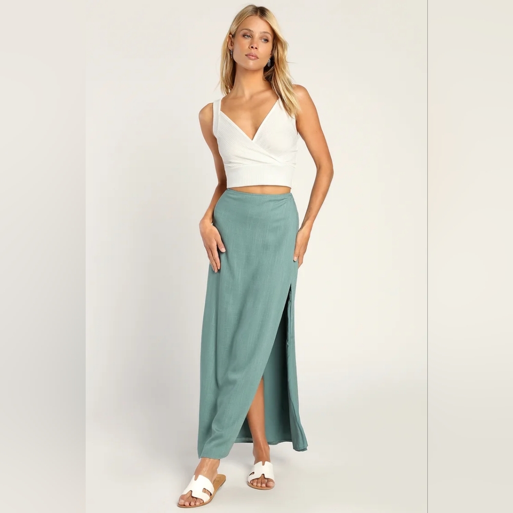 NWT Lulu's Hitting It Off Dark Sage Slit Midi Maxi Skirt size S